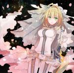  1girl belt blonde_hair bodysuit breasts bridal_veil fate/extra fate/extra_ccc fate_(series) gloves green_eyes highres holding holding_sword holding_weapon looking_at_viewer mom_29_mom parted_lips saber_bride saber_extra solo space sword veil weapon white_gloves 