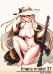  1girl :o bangs bare_legs bare_shoulders barefoot bikini black_bow black_jacket body_writing bow breast_tattoo breasts cain_(grt1125) cleavage collarbone eyebrows_visible_through_hair fingernails girls_frontline gradient gradient_background gun hair_between_eyes hand_on_headwear hand_up hat hat_bow hat_ribbon highres holding holding_gun holding_weapon ithaca_m37 ithaca_m37_(girls_frontline) jacket large_breasts light_brown_hair long_hair long_sleeves looking_at_viewer midriff navel off_shoulder one_knee open_clothes open_jacket open_mouth orange_eyes ribbon short_sleeves shotgun solo strap_gap string_bikini sun_hat swimsuit tattoo toenails toes very_long_hair weapon white_bikini yellow_ribbon 