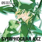  1girl akatsuki_kirika album_cover arm_up artist_request blonde_hair breasts breasts_apart cover covered_navel elbow_gloves eyebrows_visible_through_hair gloves green_eyes headgear highres holding holding_weapon leotard looking_at_viewer medium_breasts official_art scythe senki_zesshou_symphogear shiny shiny_clothes shiny_hair short_hair skin_tight skirt smile solo teeth weapon 