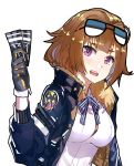  1girl bangs black_gloves breasts brown_hair echj fur_trim girls_frontline glasses gloves grizzly_mkv_(girls_frontline) hand_up holding jacket large_breasts looking_at_viewer open_clothes open_jacket open_mouth shirt simple_background sketch smile solo sunglasses sunglasses_on_head ticket uniform upper_body violet_eyes white_background white_shirt 