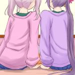  2girls akebono_(kantai_collection) bell hand_holding jingle_bell kantai_collection long_hair multiple_girls pink_hair sazanami_(kantai_collection) side_ponytail stting sweater twintails v1 yuri 