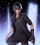  1boy black_eyes black_hair blurry blurry_background final_fantasy final_fantasy_xv fingerless_gloves gloves highres ilya_kuvshinov jacket looking_at_viewer lord_of_vermilion lord_of_vermilion_iv male_focus noctis_lucis_caelum official_art single_fingerless_glove solo standing watermark 