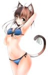  1girl absurdres animal_ears arm_up bikini bow brown_hair cat_ears cat_tail cowboy_shot green_eyes hair_between_eyes hair_ornament hairclip highres looking_at_viewer mage_(335656) multicolored_hair original short_hair_with_long_locks solo standing swimsuit tail tail_bow two-tone_hair 
