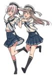  2girls :d alternate_costume beret black_legwear blonde_hair blush full_body gloves hakama_skirt harusame_(kantai_collection) hat kantai_collection key_kun long_hair multiple_girls neckerchief no_shoes open_mouth pink_eyes pink_hair pushing running sailor_collar school_uniform serafuku side_ponytail smile yuudachi_(kantai_collection) 