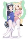  2girls absurdres alternate_costume animal_ears black_hair blonde_hair caibao closed_mouth commentary_request common_raccoon_(kemono_friends) covered_navel fang fennec_(kemono_friends) full_body grey_hair highres holding_hand kemono_friends multicolored_hair multiple_girls open_mouth pantyhose raccoon_ears raccoon_tail short_hair smile standing tail two-tone_hair white_legwear yellow_eyes 