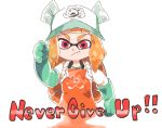  1girl arm_up baseball_cap commentary english gloves hat inkerton-kun inkling looking_at_viewer orange_hair parody red_eyes simple_background solo splatoon splatoon_2 twintails white_background 