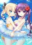  2girls bare_shoulders bikini blue_eyes blue_sky blush bow bracelet breasts cleavage collarbone commentary_request day flower gochuumon_wa_usagi_desu_ka? hair_bow hair_flower hair_ornament himarisu_(hida_mari) innertube jewelry kirima_sharo large_breasts long_hair looking_at_another looking_at_viewer multiple_girls open_mouth outdoors partially_submerged ponytail purple_bikini scrunchie shared_innertube side-tie_bikini sky swimsuit tedeza_rize twintails violet_eyes water wrist_scrunchie yellow_bikini 