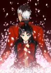  1boy 1girl absurdres archer back-to-back black_hair black_ribbon blue_eyes brown_shirt ccjn dress_shirt fate/stay_night fate_(series) hair_ribbon highres holding_necklace jacket looking_at_viewer neck_ribbon red_jacket red_ribbon ribbon shirt short_hair silver_hair standing tattoo tohsaka_rin two_side_up upper_body very_short_hair 