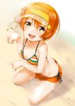  1girl beach bikini breasts butt_crack hair_ornament highres hoshizora_rin love_live! love_live!_school_idol_project open_mouth orange_hair paw_pose rin2008 short_hair small_breasts smile solo star star_hair_ornament striped striped_bikini swimsuit visor_cap yellow_eyes 