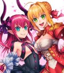  2girls breasts commentary_request dragon_girl fate/extra fate/extra_ccc fate/grand_order fate_(series) flat_chest grin horns kamuinii lancer_(fate/extra_ccc) large_breasts long_hair looking_at_viewer multiple_girls petals ponytail rose_petals saber_extra smile 