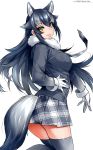  1girl animal_ears black_hair black_legwear blue_eyes breast_pocket breasts fur_collar gloves grey_wolf_(kemono_friends) happa_(cloverppd) heterochromia kemono_friends long_hair long_sleeves looking_at_viewer medium_breasts multicolored_hair necktie pocket simple_background skirt solo tail thigh-highs two-tone_hair white_background wolf_ears wolf_tail yellow_eyes 