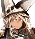  1girl bangs blonde_hair closed_mouth dark_skin eyebrows_visible_through_hair garakuta guilty_gear guilty_gear_xrd hair_between_eyes hat highres long_hair looking_at_viewer orange_eyes ramlethal_valentine simple_background solo upper_body white_background yellow_eyes 