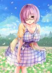  1girl bag between_breasts black-framed_eyewear blouse blue_dress breasts clouds cloudy_sky collarbone dress fate/grand_order fate_(series) field flower flower_field glasses hair_over_one_eye hand_on_own_thigh knees_together_feet_apart large_breasts leaning_forward mafuyu open_mouth outdoors petals plaid plaid_dress purple_hair shielder_(fate/grand_order) short_hair short_sleeves shoulder_bag skirt_hold sky solo standing violet_eyes yellow_blouse 