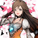  1girl :d black_choker breasts brown_eyes brown_hair chienon choker final_fantasy final_fantasy_ix floral_background flower garnet_til_alexandros_xvii gloves hand_up highres jewelry juliet_sleeves lily_(flower) long_hair long_sleeves low-tied_long_hair necklace open_mouth puffy_sleeves red_gloves small_breasts smile solo upper_body very_long_hair 