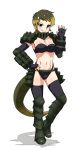 1girl alligator_snapping_turtle_(kemono_friends) alligator_tail armor armored_boots bikini blonde_hair boots breasts cleavage fingerless_gloves full_body gloves green_eyes green_hair highres kaafi kemono_friends midriff multicolored_hair navel simple_background solo swimsuit tail teeth thigh-highs two-tone_hair white_background