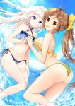  2girls :d ahoge bangs bare_arms bare_legs bare_shoulders bikini blue_bikini blue_eyes blush bow breasts brown_eyes brown_hair cleavage clouds cloudy_sky collarbone commentary_request cowboy_shot criss-cross_halter day eyebrows_visible_through_hair frilled_bikini frills from_side fukunoki_tokuwa gradient gradient_eyes green_bikini_bottom groin hair_ornament halter_top halterneck hand_holding hand_on_lap highres interlocked_fingers leg_up long_hair looking_at_viewer medium_breasts midriff multicolored multicolored_eyes multiple_girls navel one_leg_raised open_mouth original outdoors partially_submerged ponytail side-tie_bikini sky smile standing standing_on_one_leg strapless strapless_bikini swimsuit thong thong_bikini very_long_hair water white_hair wind yellow_bow yellow_eyes 