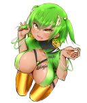  1girl bangle blush bracelet breasts brooch corocoma earrings fang green_hair hair_ornament hands_up jewelry kawasaki_ninja_zx-6r large_breasts looking_at_viewer nail_polish open_mouth original personification short_hair simple_background smile solo strap tattoo thigh-highs two_side_up white_background yellow_eyes yellow_legwear 