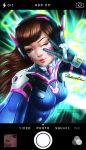 1girl animal_print artist_name bangs blue_bodysuit bodysuit breasts brown_eyes brown_hair bunny_print cellphone d.va_(overwatch) dakonta eyelashes facepaint facial_mark gloves green_background headphones high_collar light_smile long_hair looking_at_viewer nose one_eye_closed overwatch phone pilot_suit pink_lips ribbed_bodysuit self_shot shiny shiny_clothes shoulder_pads signature skin_tight small_breasts smartphone solo swept_bangs upper_body user_interface watermark web_address whisker_markings white_gloves 