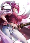  1girl belt breasts denim hand_on_hip high_ponytail highres jacket_on_shoulders jeans katana large_breasts long_hair looking_down looking_to_the_side midriff navel pants ponytail purple_hair red_eyes smile solo sowel_(sk3) sword thighs under_night_in-birth weapon yuzuriha_(under_night_in-birth) 