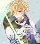  1boy armor blonde_hair excalibur fate/prototype fate_(series) gauntlets green_eyes hood male_focus mom_29_mom open_mouth saber_(fate/prototype) solo sword weapon 