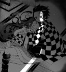  1boy 1girl asa_no_ha_(pattern) brother_and_sister checkered greyscale hair_slicked_back hand_holding japanese_clothes kamado_nezuko kamado_tanjirou kimetsu_no_yaiba kimono kneeling long_hair monochrome oie13 on_floor scar short_hair siblings sleeping tatami 