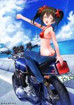 1girl artist_name bikini black_hair closed_eyes day denim full_body ground_vehicle highres hkn_(ringya) jeans love_live! love_live!_school_idol_project motor_vehicle motorcycle outdoors pants raised_fist red_bikini riding swimsuit swimsuit_under_clothes twintails twitter_username yazawa_nico 
