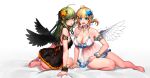  2girls :d :p ahoge angel angel_and_devil angel_wings arm_support armlet ass babydoll back bangs bare_arms bare_legs bare_shoulders barefoot bead_bracelet beads black_bra black_panties black_wings blonde_hair blue_bow blue_eyes blue_flower blush bow bow_bra bow_panties bra bracelet braid breasts cain_(grt1125) choker cleavage collarbone commentary demon eyebrows_visible_through_hair fang feathered_wings feet fingernails flower from_behind full_body green_hair hair_between_eyes hair_flower hair_ornament hand_on_lap highres jewelry large_breasts lingerie long_hair looking_at_viewer looking_back lowleg lowleg_panties multiple_girls necklace on_bed open_mouth orange-flower original panties scrunchie short_hair side_braid sitting sitting_on_bed small_breasts smile soles spread_wings thong thong_panties toenails toes tongue tongue_out two_side_up underwear underwear_only wavy_hair white_bra white_panties white_wings wings wrist_scrunchie yokozuwari 