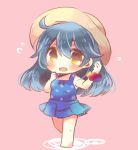  1girl ahoge black_hair blue_swimsuit brown_eyes casual_one-piece_swimsuit chibi full_body hat kantai_collection kouu_hiyoyo long_hair looking_at_viewer one-piece_swimsuit pink_background polka_dot polka_dot_swimsuit scrunchie simple_background solo standing sun_hat swimsuit ushio_(kantai_collection) wrist_scrunchie 