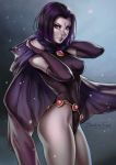  1girl artist_name bare_legs breasts cape dandon_fuga dc_comics erect_nipples forehead_jewel from_side highleg highleg_leotard impossible_clothes large_breasts leotard purple_hair raven_(dc) revision short_hair skin_tight solo standing teen_titans thighs violet_eyes watermark web_address 