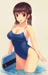  1girl breasts brown_hair cleavage kickboard large_breasts long_hair looking_at_viewer low_twintails one-piece_swimsuit original poripori red_eyes school_swimsuit smile solo standing swimsuit twintails wading water 