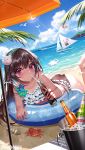  1girl beach black_hair blush boat bottle bucket drinking drinking_straw highres holding holding_bottle ice ice_cube innertube long_hair looking_at_viewer lying on_stomach original palm_tree pink_eyes sailboat solo tree umbrella water watercraft zjsstc 