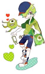  1boy bag baseball_cap green_eyes hair_over_one_eye hat hood hoodie horns male_focus michael_wazowski monsters_inc. monsters_university one-eyed personification repikinoko sharp_teeth short_hair smile teeth 