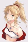  1girl bare_shoulders blonde_hair braid collarbone fate/apocrypha fate_(series) green_eyes jacket jewelry kachi necklace ponytail saber_of_red solo tank_top 