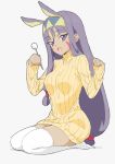  1girl absurdres animal_ears breasts dark_skin donguri_suzume facial_mark fate/grand_order fate_(series) full_body hairband highres long_hair long_sleeves looking_at_viewer nitocris_(fate/grand_order) open_mouth purple_hair rabbit_ears ribbed_sweater seiza sitting smile sweater thigh-highs violet_eyes white_background white_legwear 