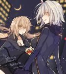 2girls :q back blonde_hair breasts cleavage coat crescent_moon fate/grand_order fate/stay_night fate_(series) food french_fries fur_trim grey_hair jeanne_alter long_hair looking_at_viewer mom_29_mom moon multiple_girls night ruler_(fate/apocrypha) saber saber_alter smile tongue tongue_out yellow_eyes 