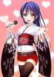  1girl 2013 :d belt black_legwear blue_hair cowboy_shot eyebrows_visible_through_hair hair_between_eyes heart hino_minato_(spec.c) holding holding_microphone japanese_clothes kimono long_hair love_live! love_live!_school_idol_project microphone navel obi open_mouth outstretched_arm pink_background red_shorts sash short_shorts shorts smile solo sonoda_umi standing thigh-highs white_kimono yellow_eyes 