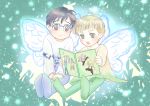  2boys :&gt; black_hair blonde_hair blue-framed_eyewear book brown_eyes cat child fairy_wings glasses green_eyes highres ice_skates ichigo_daifuku_(blumenwalzer0903) katsuki_yuuri male_focus multiple_boys open_book open_mouth pig reading sitting skates smile viktor_nikiforov wings younger yuri!!!_on_ice yuri_plisetsky 