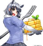  1girl animal_ears black_hair brown_eyes common_raccoon_(kemono_friends) food fork gloves grey_hair happa_(cloverppd) holding kemono_friends looking_at_viewer multicolored_hair open_mouth pancake raccoon_ears short_hair short_sleeves skirt smile solo 