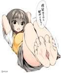  1girl :o bangs bare_legs barefoot blush breasts eyebrows_visible_through_hair feet feet_together grey_eyes grey_hair grey_skirt hair_between_eyes large_breasts legs_together lying on_back open_mouth original oryou panties panty_peek pleated_skirt shirt short_sleeves simple_background skirt soles solo speech_bubble stretch sweater_vest toes twitter_username underwear white_background white_panties white_shirt 