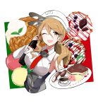  1girl bottle breasts brown_eyes brown_hair cake coffee coffee_cup food holding holding_bottle kantai_collection large_breasts littorio_(kantai_collection) long_hair morinaga_(harumori) necktie one_eye_closed open_mouth ponytail red_necktie shirt sleeveless sleeveless_shirt smile solo wavy_hair white_shirt wine_bottle 
