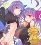  2girls bare_shoulders blue_eyes breasts crotch_plate fate/extra fate_(series) gauntlets highres large_breasts long_hair looking_at_viewer meltlilith mom_29_mom multiple_girls navel open_mouth passion_lip purple_hair sleeves_past_wrists violet_eyes 