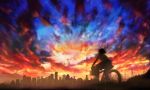  1girl backlighting bicycle bicycle_basket bird black_hair black_skirt cityscape flock from_behind ground_vehicle original power_lines school_uniform short_hair skirt sky solo sunset totti 