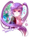  1girl copyright_name eyebrows_visible_through_hair floating_hair hair_ornament liel_(andaniel) long_hair looking_at_viewer pink_flower purple_hair scarf simple_background solo sophie_(tales) tales_of_(series) tales_of_graces tree twintails upper_body very_long_hair violet_eyes white_background white_scarf 