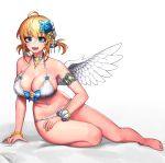  1girl :d angel angel_wings arm_at_side arm_support armlet bangs bare_arms bare_legs bare_shoulders barefoot bead_bracelet beads bed_sheet bikini blonde_hair blue_bow blue_bowtie blue_eyes blue_flower bow bow_bikini bowtie bracelet breasts cain_(grt1125) choker cleavage collarbone eyebrows_visible_through_hair eyelashes fang feathered_wings feet flower front-tie_bikini front-tie_top gem hair_between_eyes hair_flower hair_ornament highres jewelry large_breasts looking_at_viewer makeup mascara midriff navel necklace on_bed open_mouth original scrunchie short_hair sidelocks simple_background sitting sitting_on_bed smile solo spread_fingers stomach swimsuit toes two_side_up white_background white_bikini white_wings wings wrist_scrunchie yokozuwari 