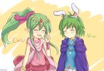  2girls blush cape chiki closed_eyes dress fire_emblem fire_emblem:_mystery_of_the_emblem fire_emblem:_rekka_no_ken fire_emblem_heroes gloves green_hair hair_ornament hair_ribbon hairband highres long_hair multiple_girls nan0teck nino_(fire_emblem) open_mouth pink_dress pointy_ears ponytail red_dress ribbon short_dress short_hair smile white_background 