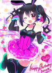  1girl ;d \m/ animal_ears bangle bangs black_hair blush boots bracelet character_name dated double_\m/ dress elbow_gloves fake_animal_ears fingerless_gloves gloves happy_birthday headphones jewelry looking_at_viewer love_live! love_live!_school_idol_festival love_live!_school_idol_project mikurun_(otome_no_hanikami) one_eye_closed open_mouth rabbit_ears ribbon sleeveless smile solo thigh-highs thigh_boots twintails violet_eyes yazawa_nico 