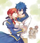  1boy 1girl blue_eyes blue_hair blush breasts brown_eyes cosplay dress erza_scarlet fairy_tail fate/stay_night fate/zero fate_(series) gilgamesh gilgamesh_(cosplay) jellal_fernandes long_hair looking_at_viewer redhead rusky saber saber_(cosplay) tattoo yellow_eyes 