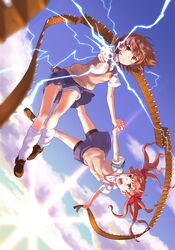  2girls blue_skirt blush bow brown_eyes brown_hair brown_shoes eyebrows_visible_through_hair hair_bow kneehighs long_hair looking_at_another looking_at_viewer misaka_mikoto multiple_girls open_mouth raika9 railgun red_bow shirai_kuroko shoes short_hair short_sleeves skirt smile teeth to_aru_kagaku_no_railgun to_aru_majutsu_no_index twintails white_legwear 