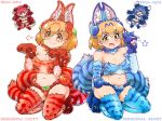  &gt;:3 4girls :3 :d alternate_costume animal_ears blue_eyes blue_hair breasts brown_eyes brown_hair chibi claws cleavage commentary_request cosplay elbow_gloves gloves gradient_hair jewelry kemono_friends looking_at_viewer multicolored_hair multiple_girls navel necklace open_mouth paw_pose redhead seiza serval_(kemono_friends) serval_ears serval_print serval_tail shisa_lefty shisa_lefty_(cosplay) shisa_right shisa_right_(cospaly) short_hair simple_background sitting smile tail tanaka_kusao thigh-highs white_background 