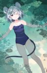  1girl akagashi_hagane animal_ears bare_legs breasts closed_mouth day floating from_above grey_hair hair_between_eyes jewelry looking_at_viewer mouse_ears mouse_tail nazrin one-piece_swimsuit one_eye_closed outdoors outstretched_arms pendant red_eyes school_swimsuit short_hair small_breasts smile solo swimsuit tail touhou water 